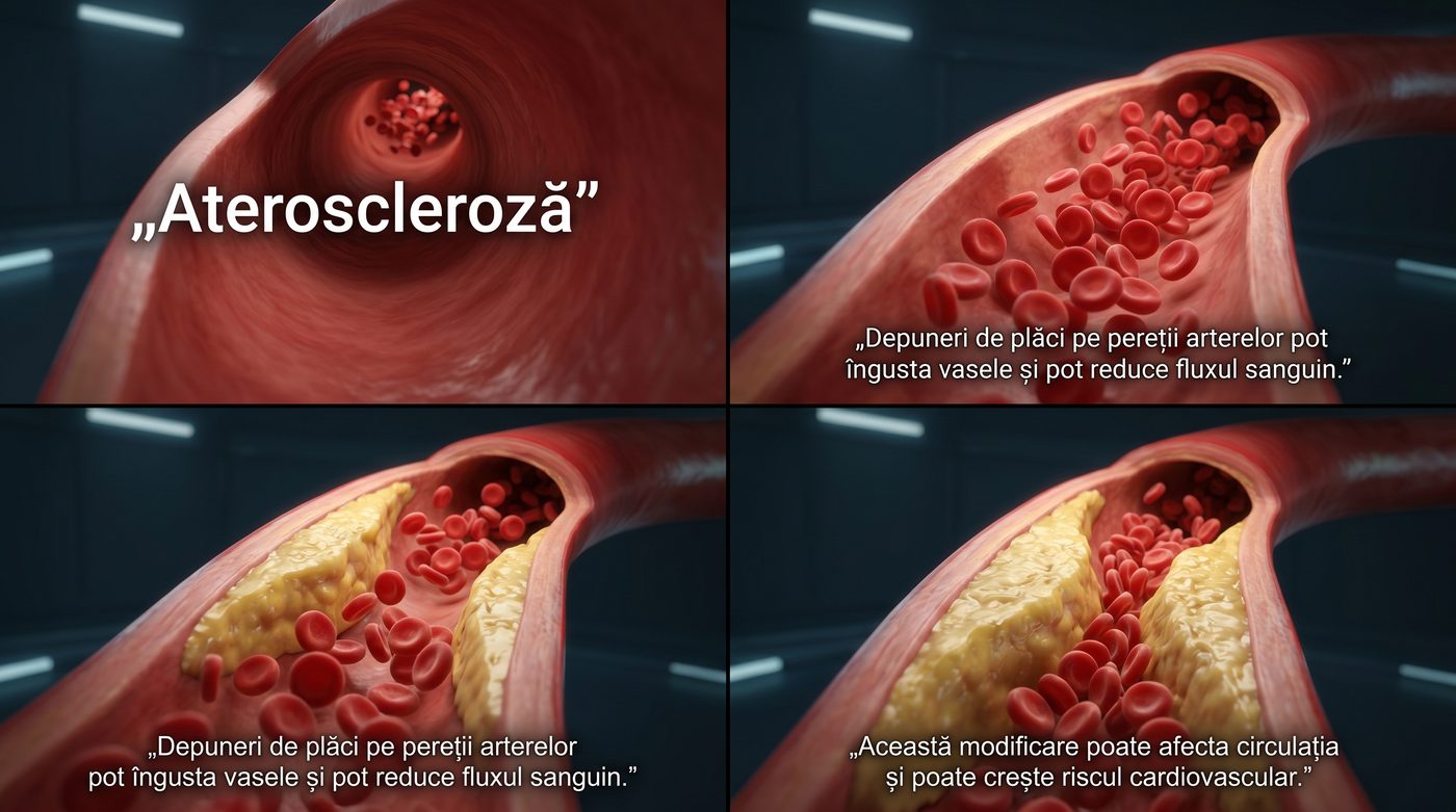 Infografic medical — evoluția aterosclerozei, de la arteră sănătoasă la îngustarea fluxului sanguin